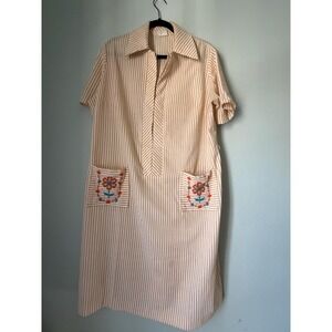 Vintage Cottagecore Striped Shift Dress Embroidered Floral Pockets Folk Cotton